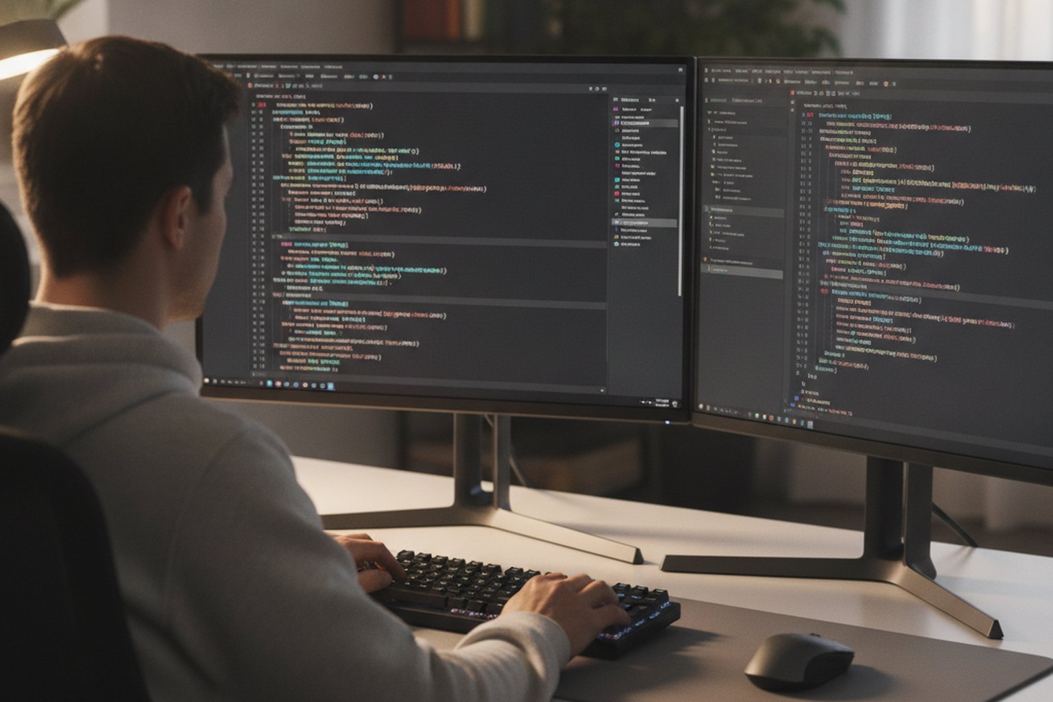 Uno sviluppatore software scrive codice a una postazione con doppio monitor, con un editor che mostra suggerimenti di codice, a illustrare lo sviluppo software con l'IA nel 2026