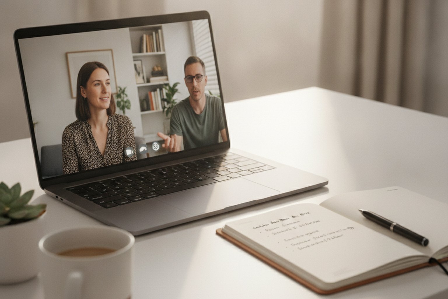 Ein Laptop auf einem aufger&auml;umten Schreibtisch zeigt ein Remote-Video-Interview zwischen einem Hiring-Manager und einem Softwareentwickler-Kandidaten, daneben ein Notizbuch mit Bewertungsnotizen