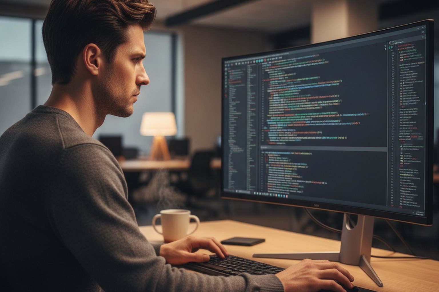 A software developer reviewing dense code on a large monitor, illustrating the effort technical debt adds to everyday development