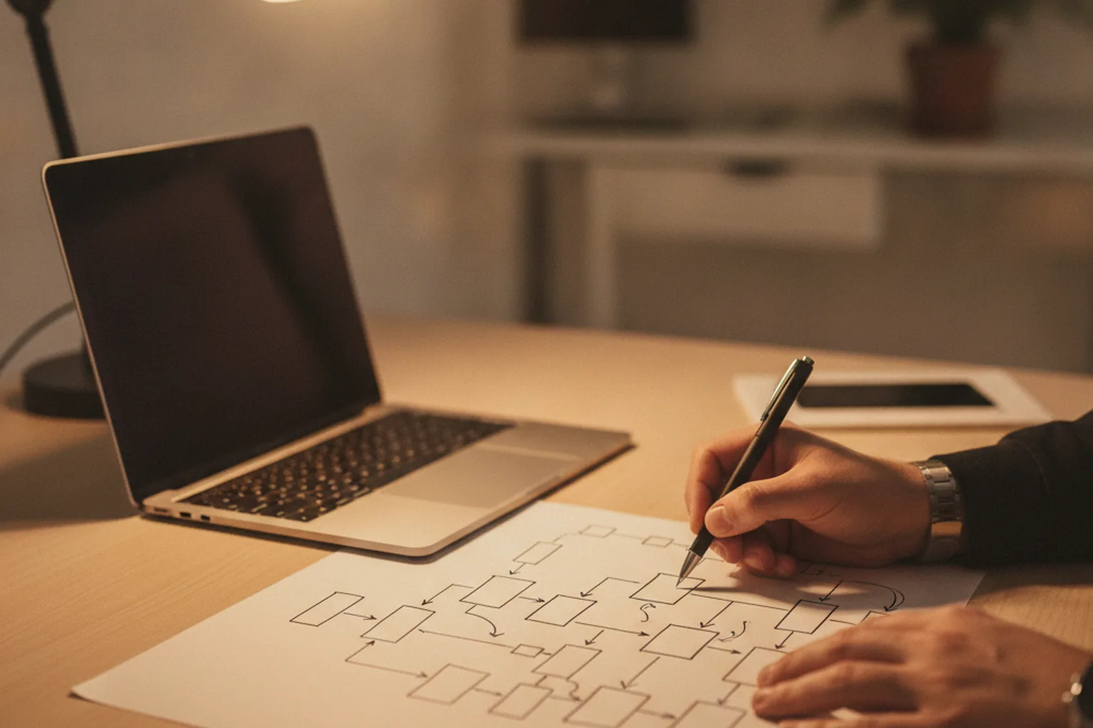 Entwickler skizziert vor der Konfiguration in Jira ein Workflow-Diagramm mit Status und Übergängen auf Papier