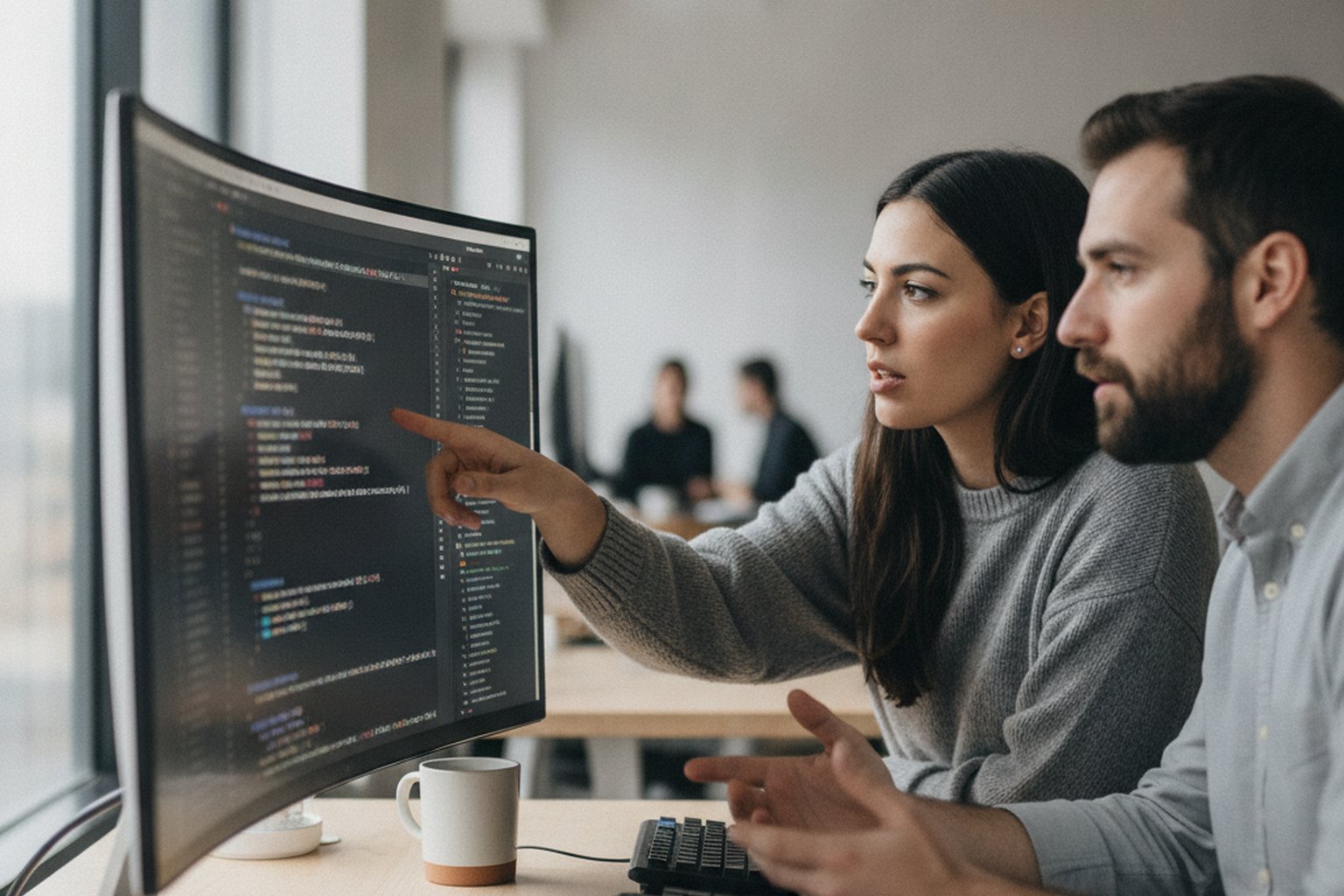 Two software engineers reviewing code together on a large monitor, illustrating code review as a core software development best practice