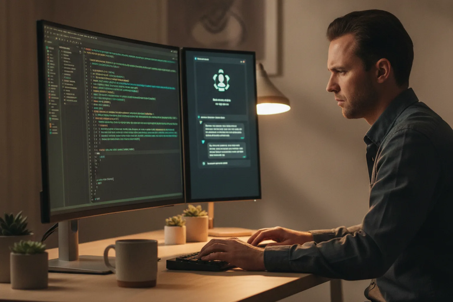 A software developer at a desk using an AI coding assistant panel alongside their code editor during the implementation phase