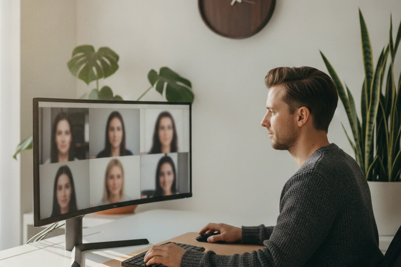 Sviluppatore software da remoto alla scrivania di casa durante una videochiamata mattutina con colleghi distribuiti, a illustrare le ore lavorative condivise con un team statunitense