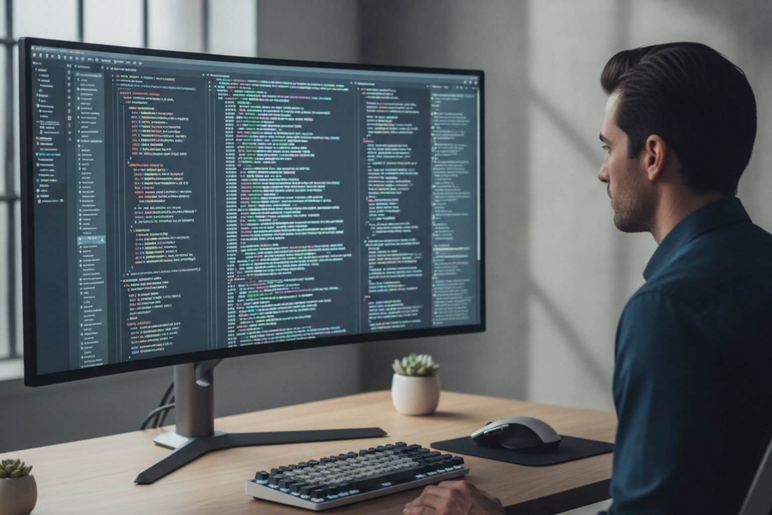 A software developer seen over the shoulder, reviewing colourful lines of code on a large monitor in a bright, minimal office