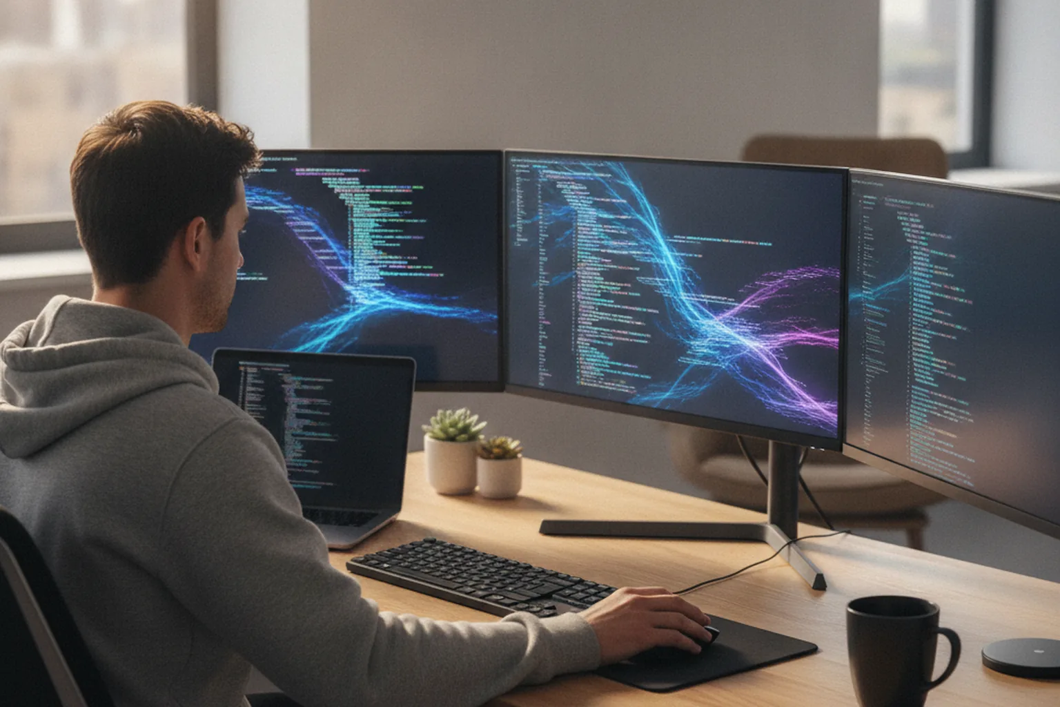 Developer working across multiple monitors with code editors open, representing AI tools for software development in 2026