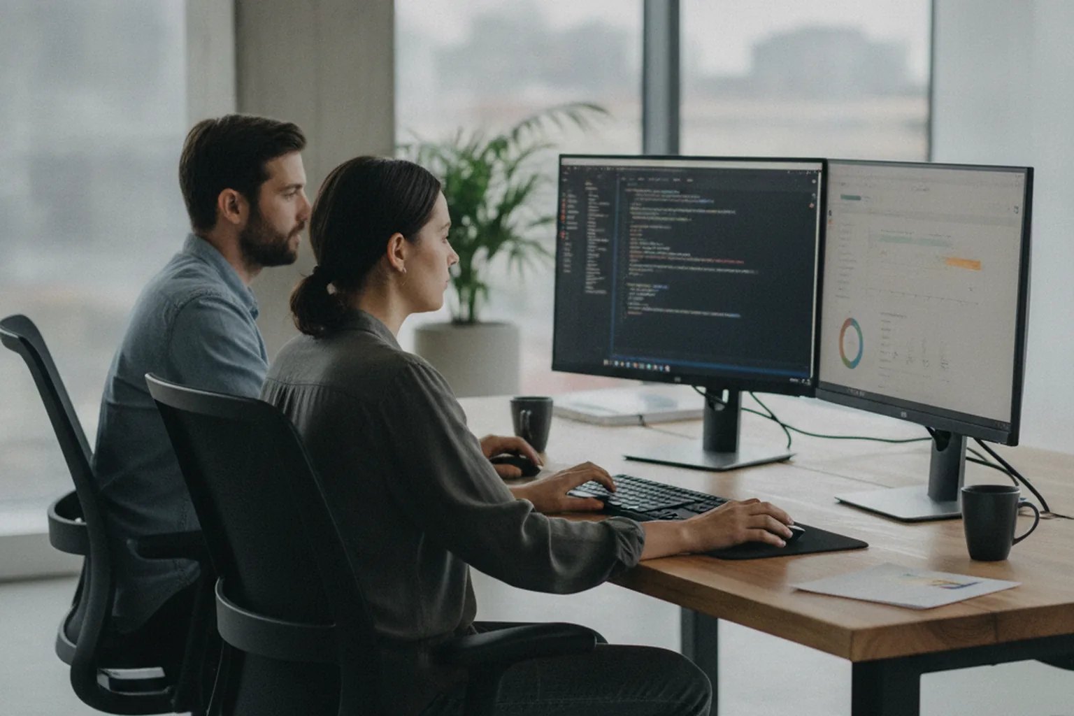 Two software developers reviewing code and test results on dual monitors during an experimentation and debugging session in an office