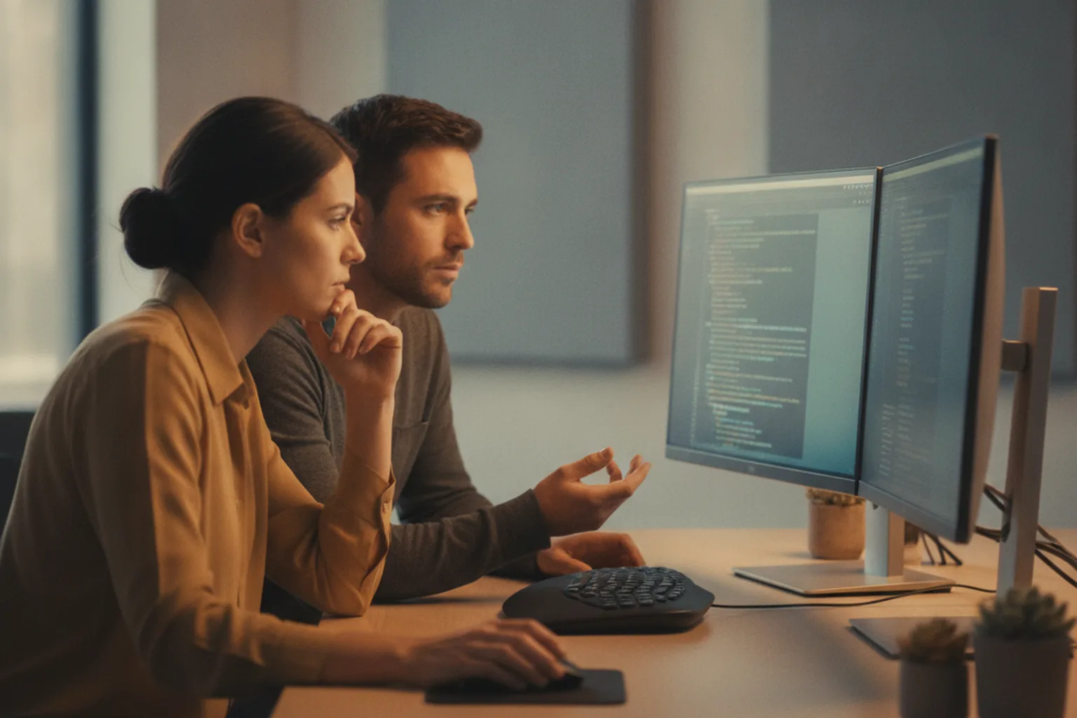 Two developers reviewing code together before merging