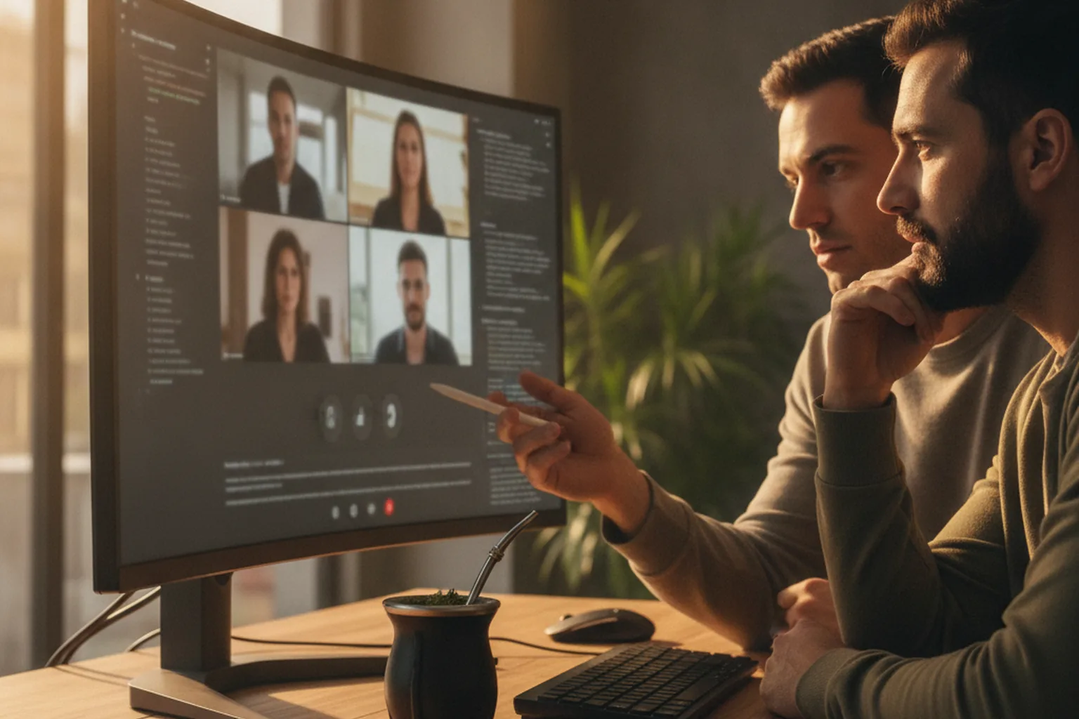 Zwei Entwickler prüfen Code in einem Videocall mit Kollegen an anderen Standorten