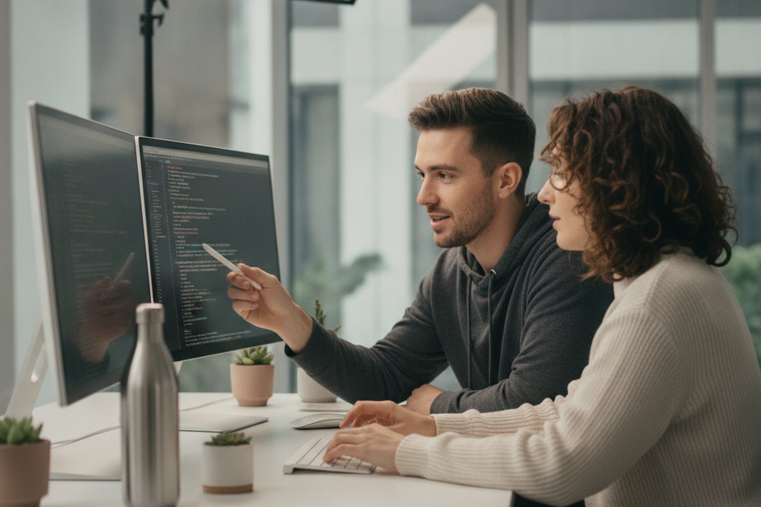 Two software engineers reviewing code together on a monitor during the implementation phase of the software development life cycle