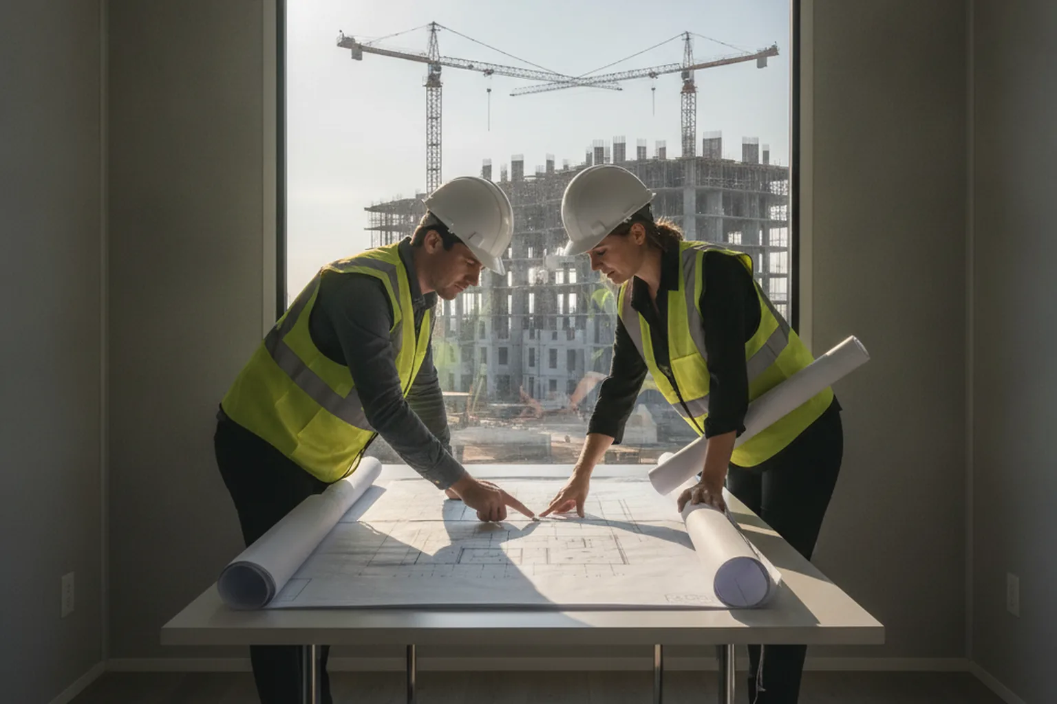 Dos promotores inmobiliarios con casco revisan planos en una caseta de obra frente a un edificio en construcción — software de promoción inmobiliaria