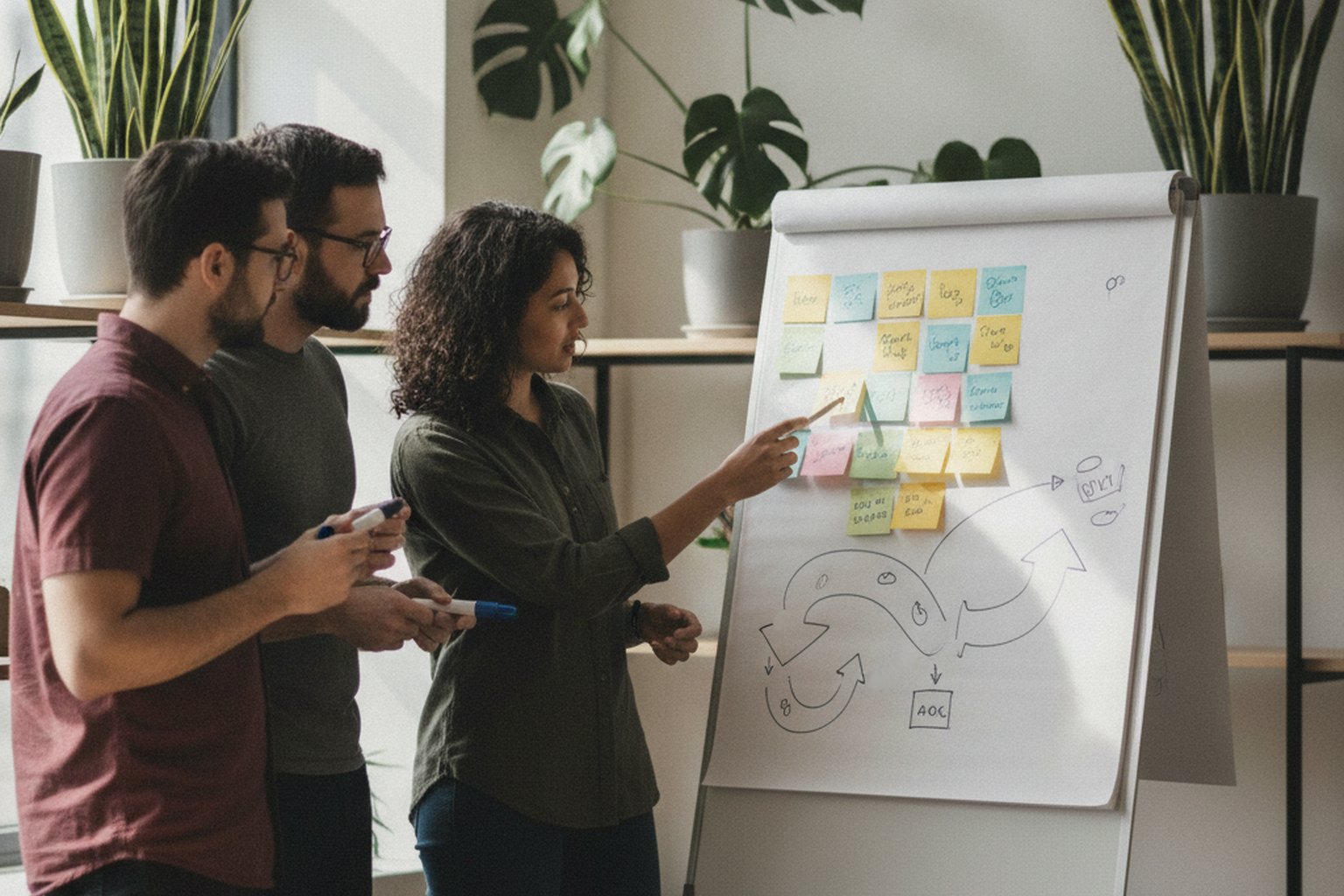 Drei Mitglieder eines Software-Teams planen an einem Flipchart voller bunter Haftnotizen und einem handgezeichneten Workflow-Diagramm in einem hellen B&uuml;ro