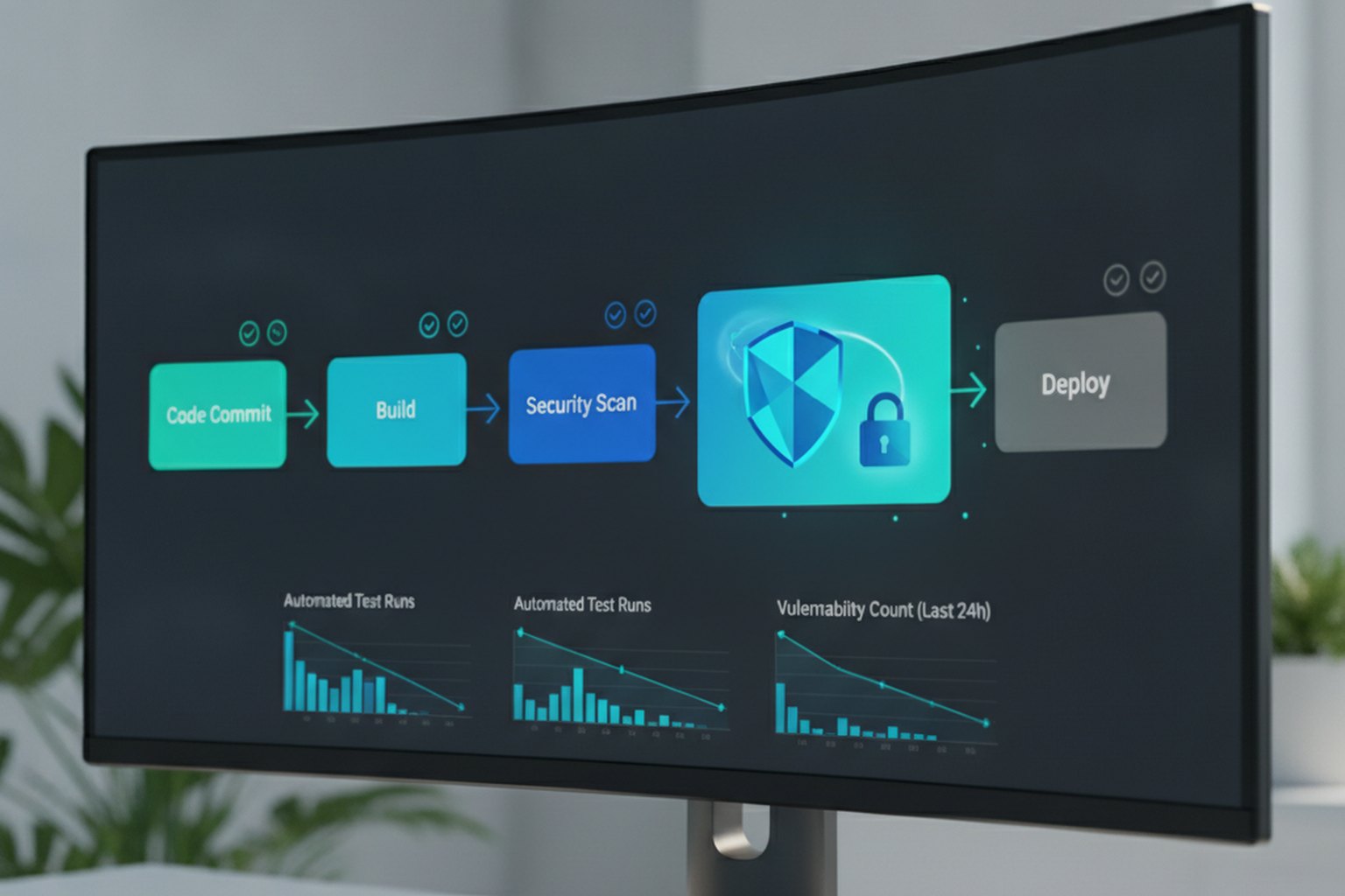 A CI/CD pipeline dashboard showing automated security testing gates passing, illustrating DevSecOps in a secure SDLC