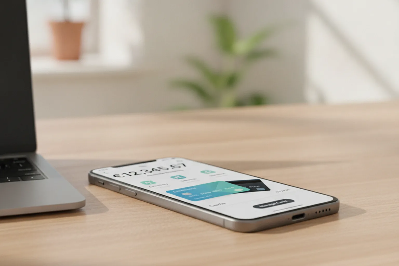 Digital banking app showing account balance and card management on a smartphone next to a laptop
