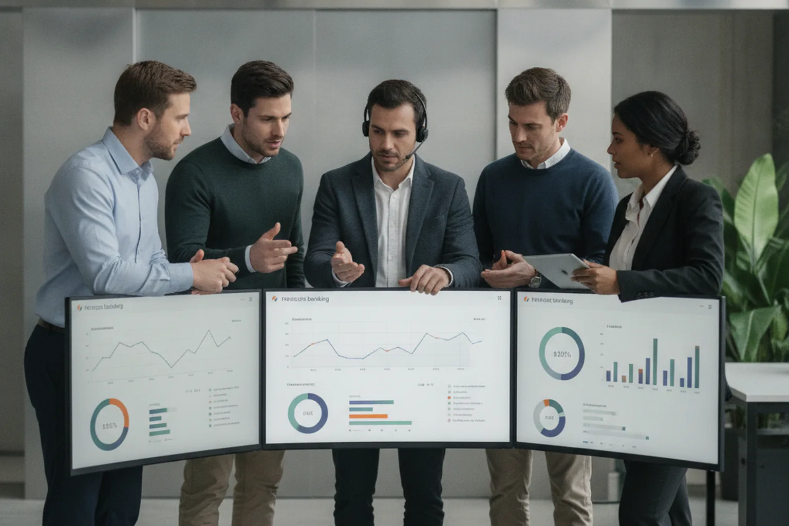 Team che analizza la dashboard di una piattaforma di digital banking