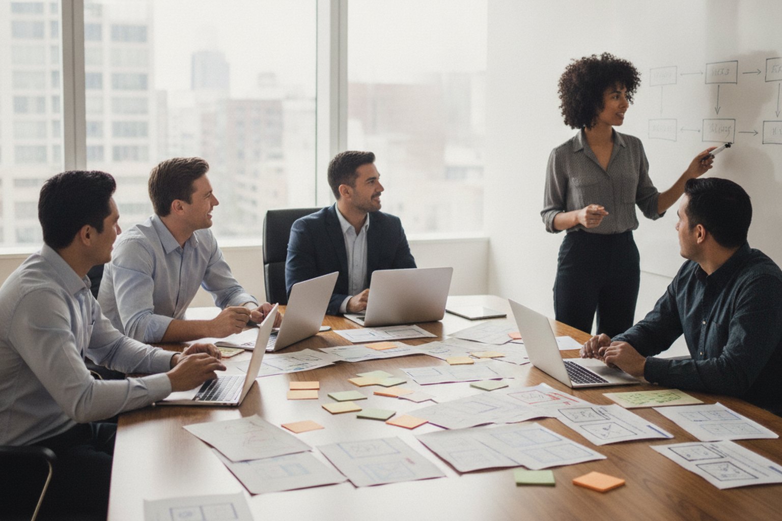 Une équipe produit menant un atelier de découverte autour d'une table couverte de wireframes imprimés et de post-it pendant qu'un facilitateur esquisse une feuille de route sur un tableau blanc