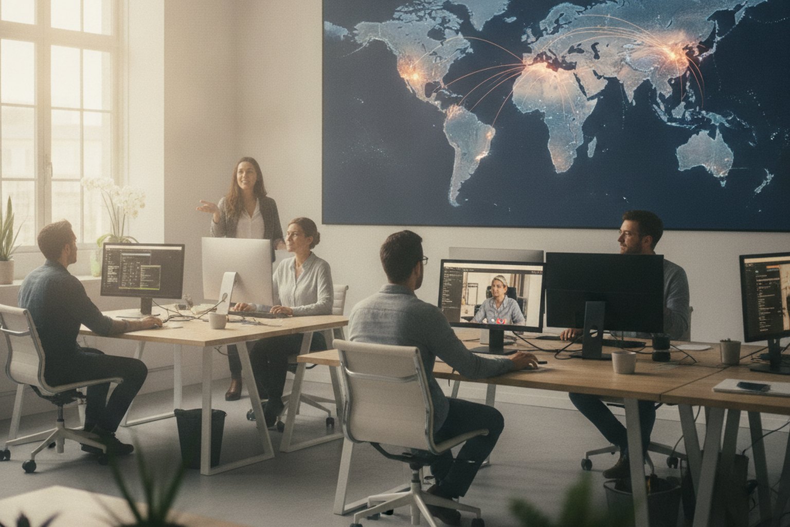 A software team in a bright office working at their desks in front of a large wall screen showing a world map with glowing connection lines between continents