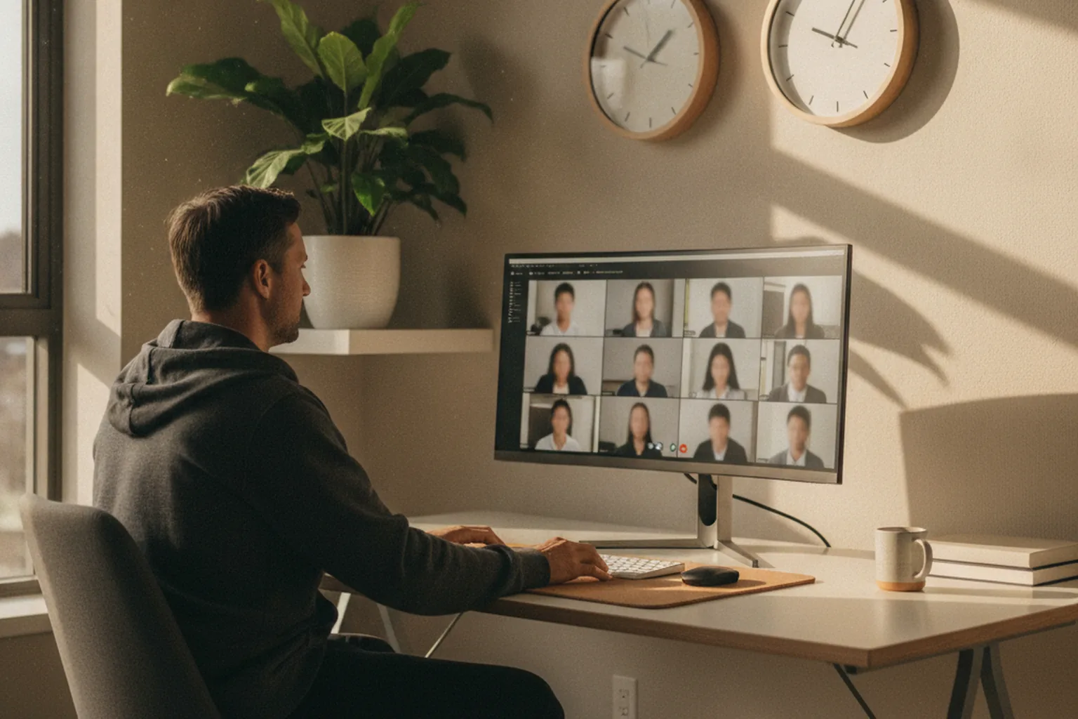 Ingénieur en visioconférence en temps réel avec une équipe américaine pendant les heures de travail communes