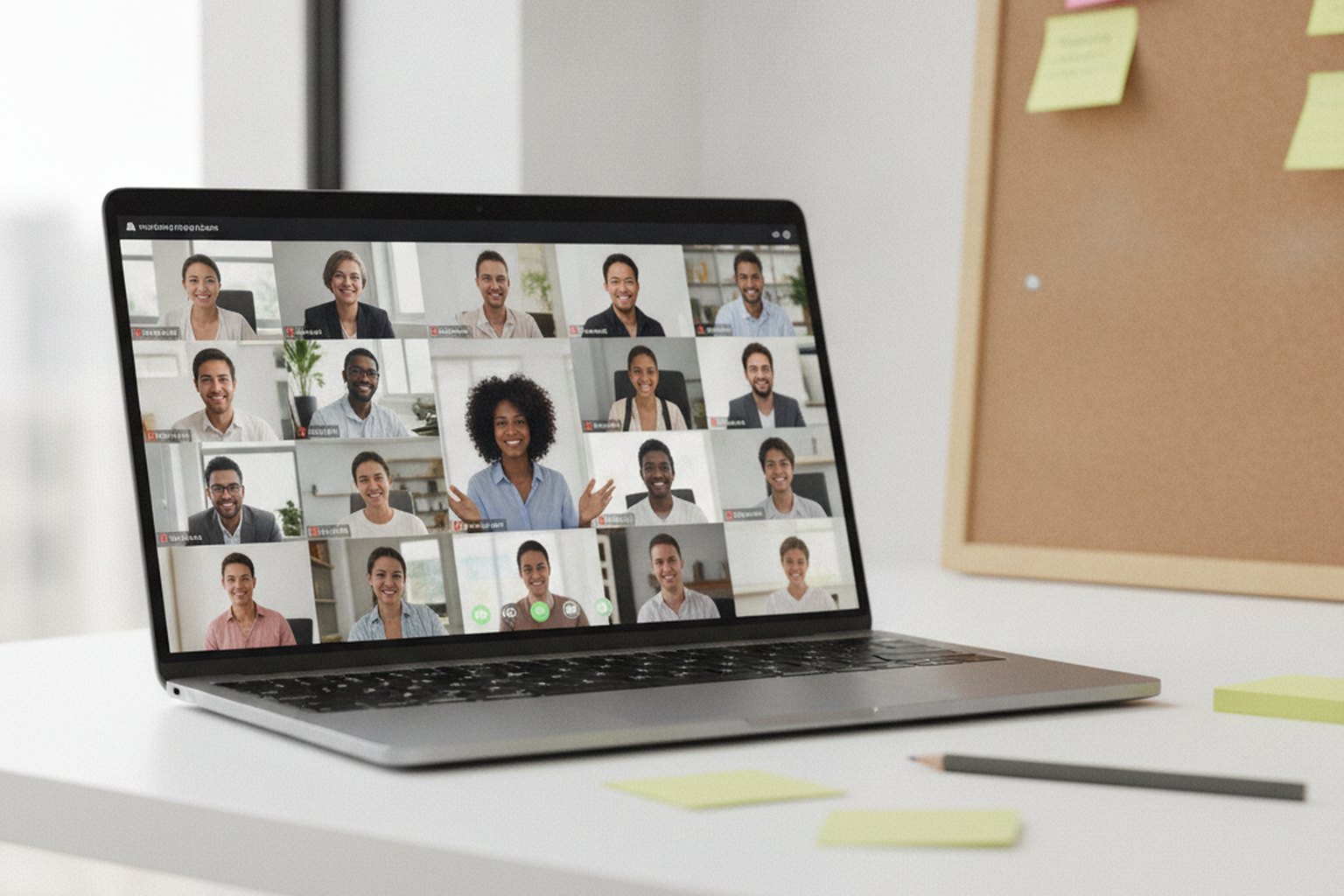 Un laptop che mostra lo standup video di un team di ingegneria distribuito con una griglia di colleghi da remoto, accanto a una board di post-it su una scrivania