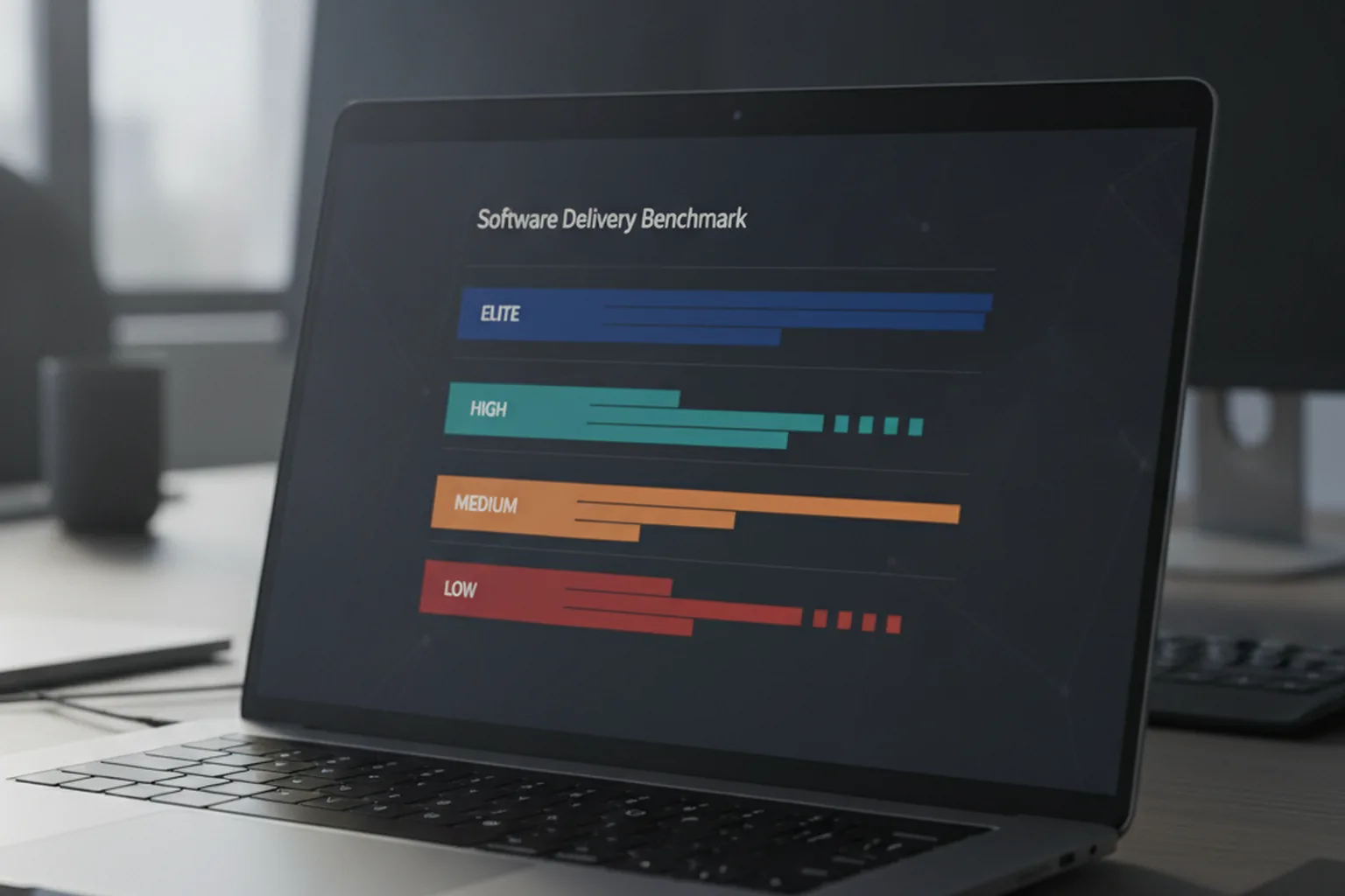 A laptop screen showing a software delivery benchmark chart with four color-coded tiers from elite to low performer