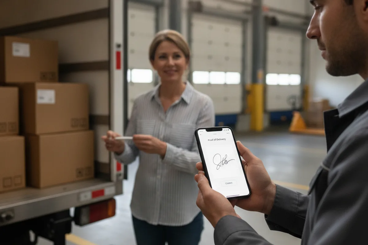 Un conductor de reparto captura una firma de prueba de entrega en una app móvil junto a la puerta abierta de la caja de un camión