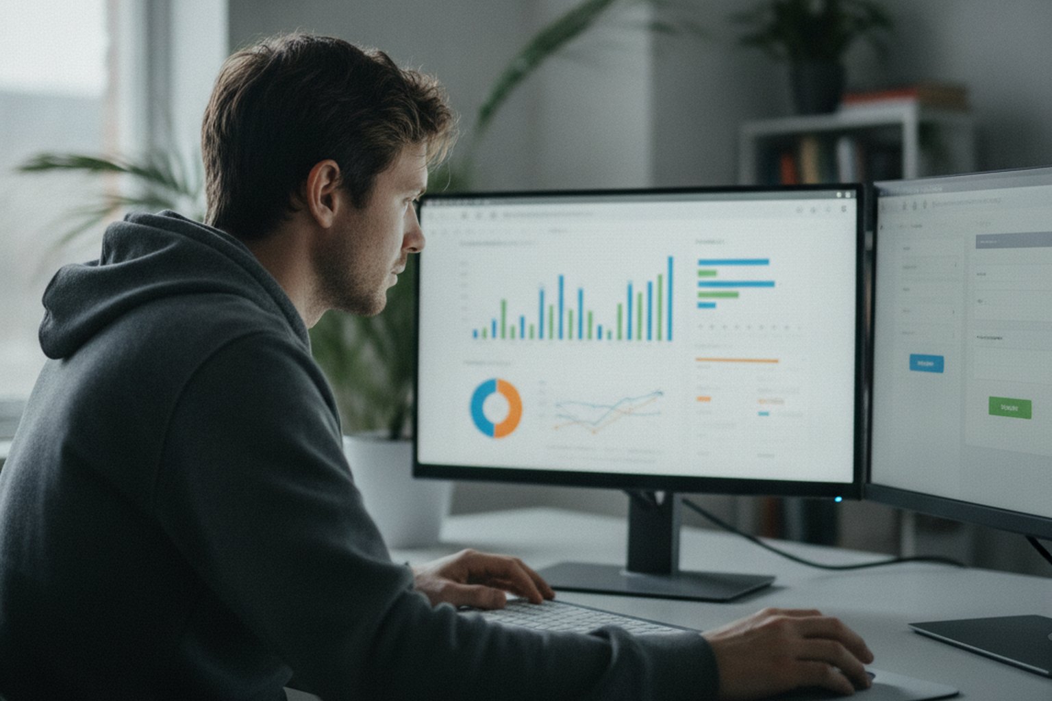 Uno sviluppatore esamina una dashboard di prodotto in fase iniziale con grafici e una semplice interfaccia web su una postazione a due monitor