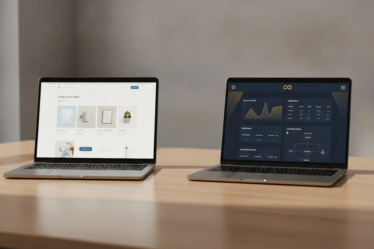 Two laptops side by side, one showing a generic template online store theme and the other a custom commerce admin dashboard with unique order and pricing views, representing the choice between a SaaS platform and custom ecommerce software