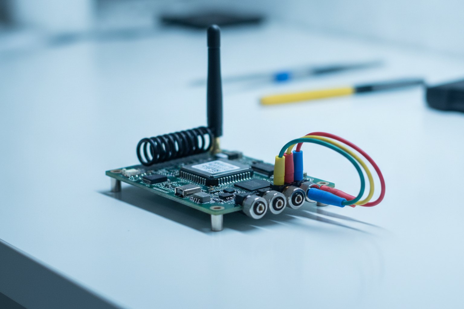 Close-up of an IoT edge gateway circuit board with an antenna and connected sensor cables on a workbench
