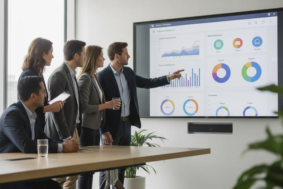 School district administrators and IT leaders reviewing an education software investment plan on a large screen with analytics and course dashboards