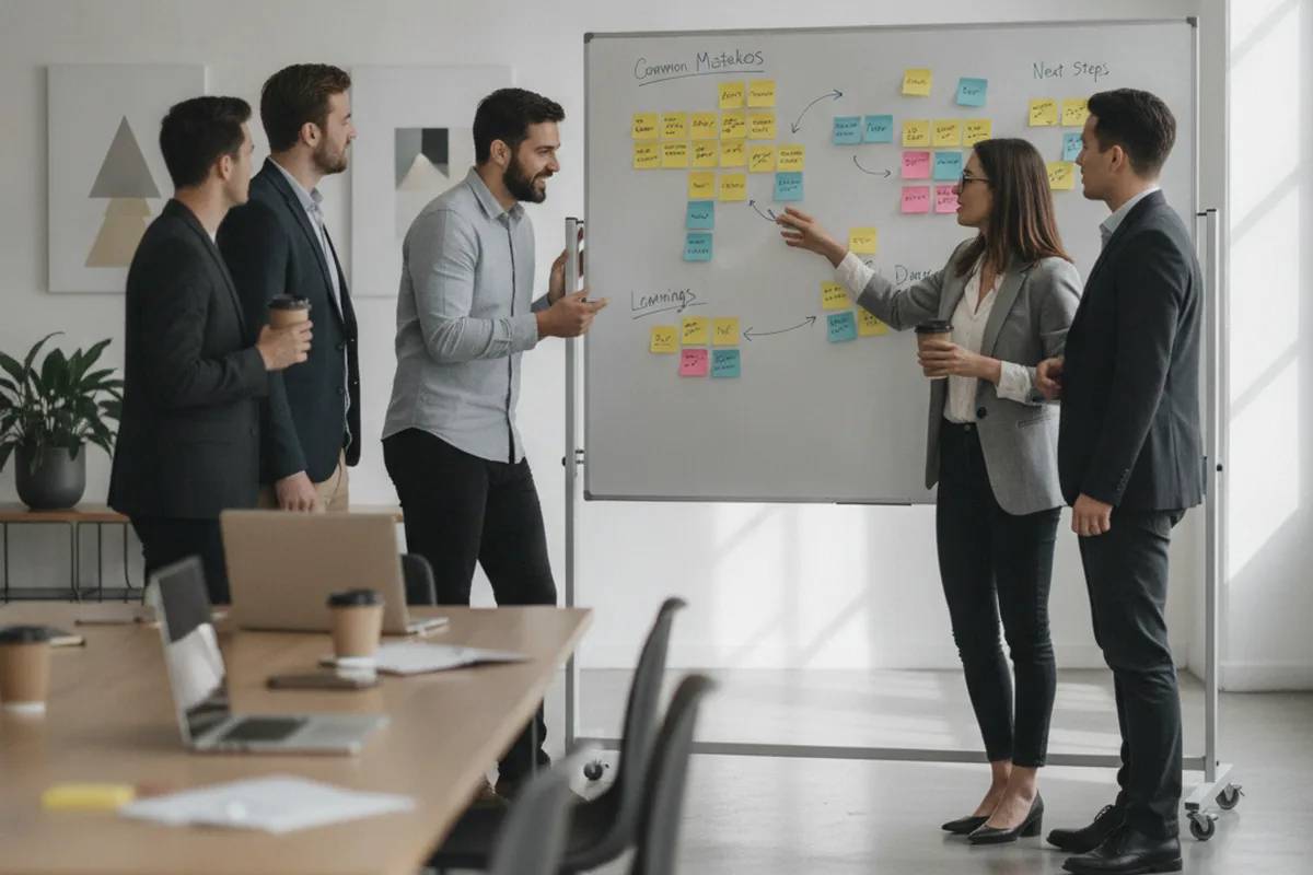 Software development team in a retrospective meeting reviewing common project mistakes and fixes on a whiteboard with sticky notes