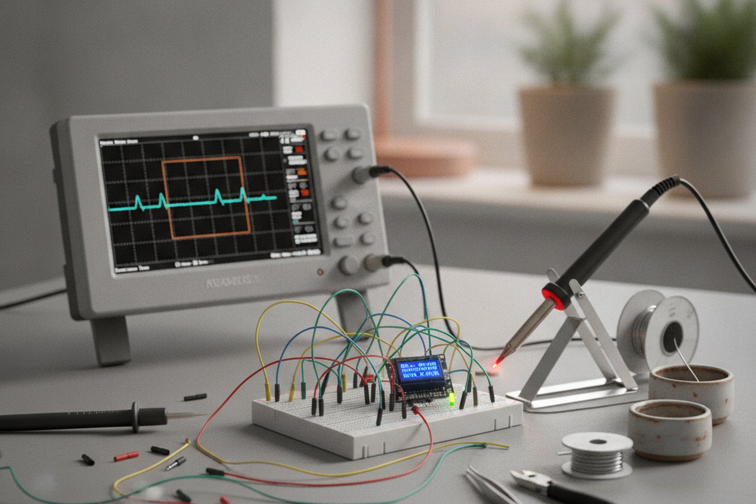 Werkbank eines Embedded-Ingenieurs mit einem Mikrocontroller-Board auf einem Breadboard, Jumper-Kabeln, einem Lötkolben und einem digitalen Oszilloskop, das eine Signalform zeigt