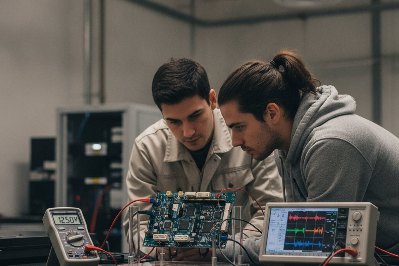 Zwei Ingenieure testen ein eingebettetes Hardware-Prototypen-Board, das mit einem Multimeter und einem Logikanalysator auf einer Laborbank verbunden ist