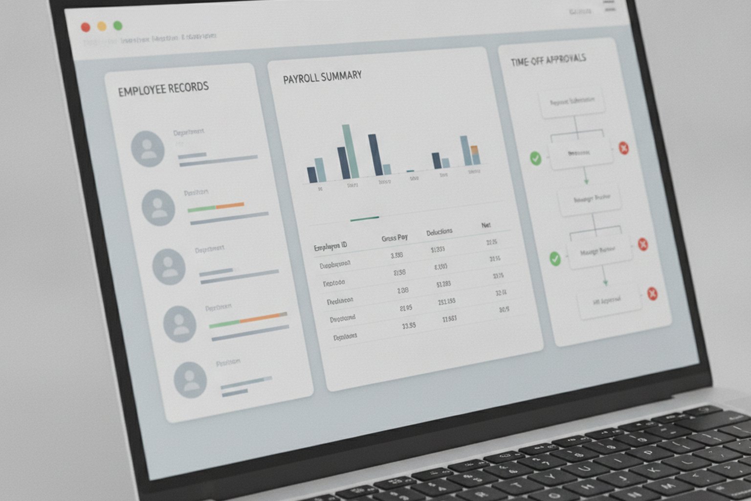 An HR management software interface on a laptop showing employee records, a payroll summary chart and a time-off approval workflow with approve and reject steps