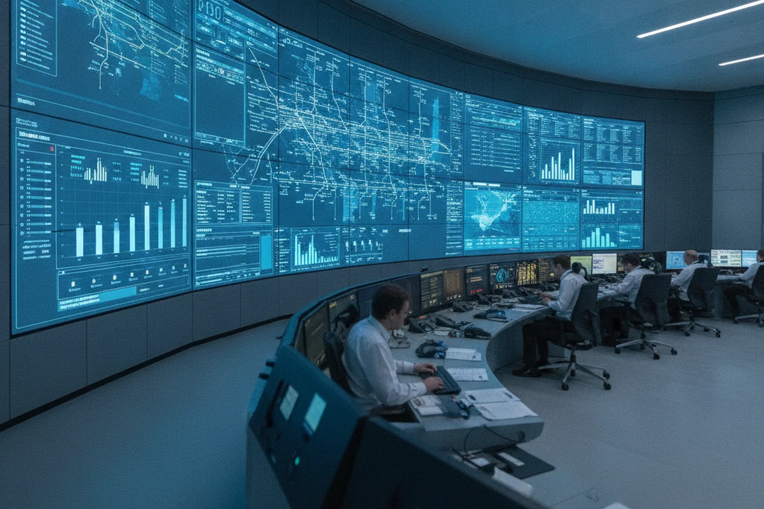 Energy grid control room with operators monitoring power-grid dashboards