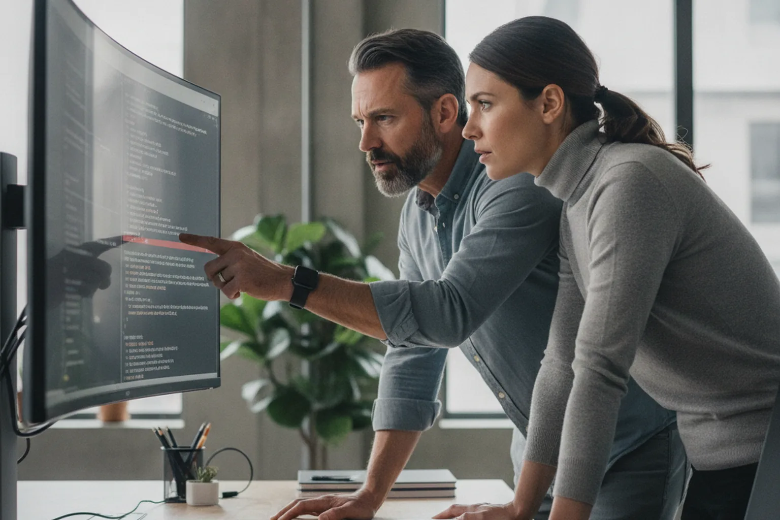 A senior developer and a product manager reviewing AI-generated code together on screen, judgment-driven code review
