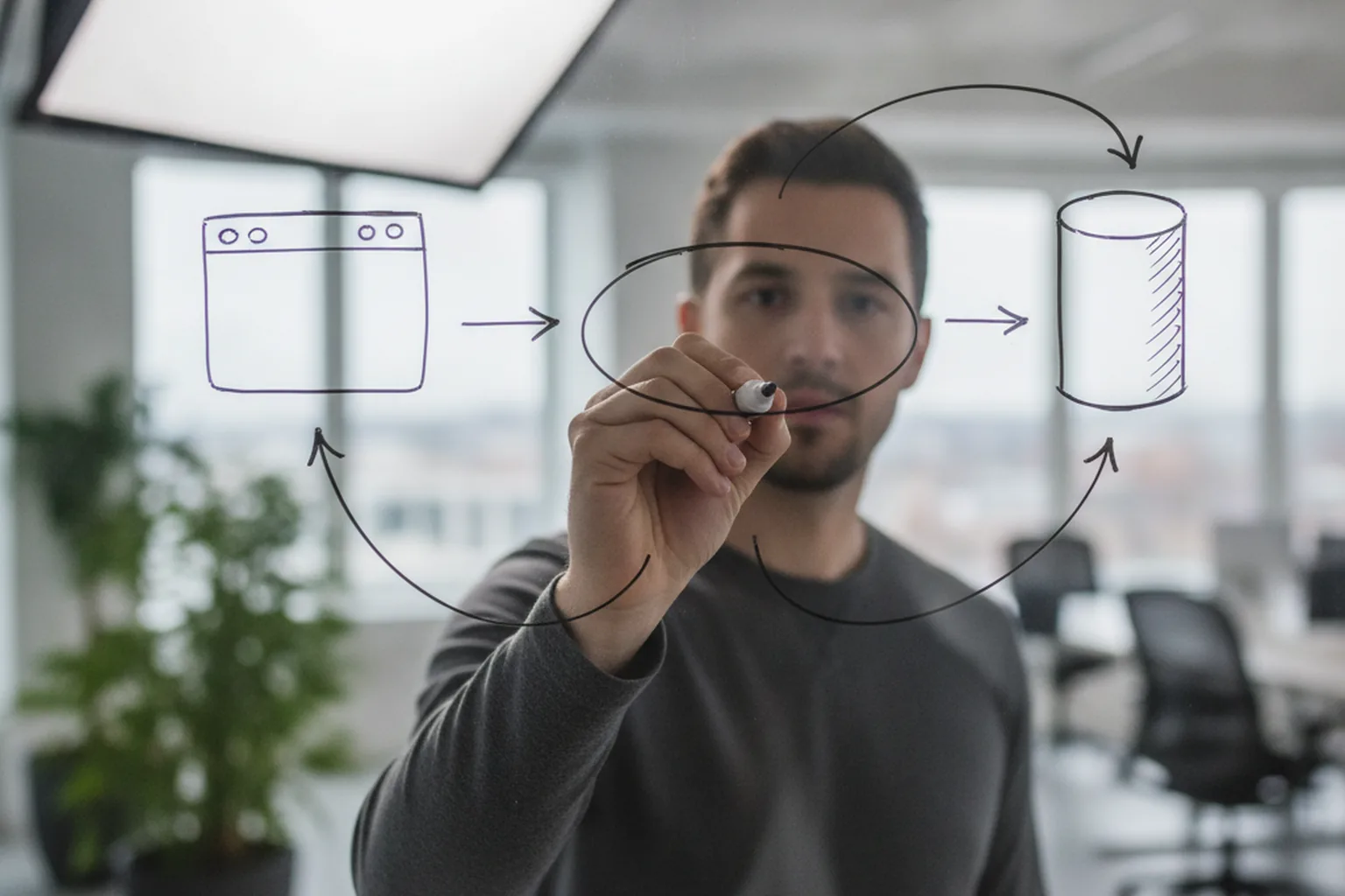Ingénieur esquissant une architecture d'application web simple avec un navigateur, un serveur et une base de données sur un tableau en verre