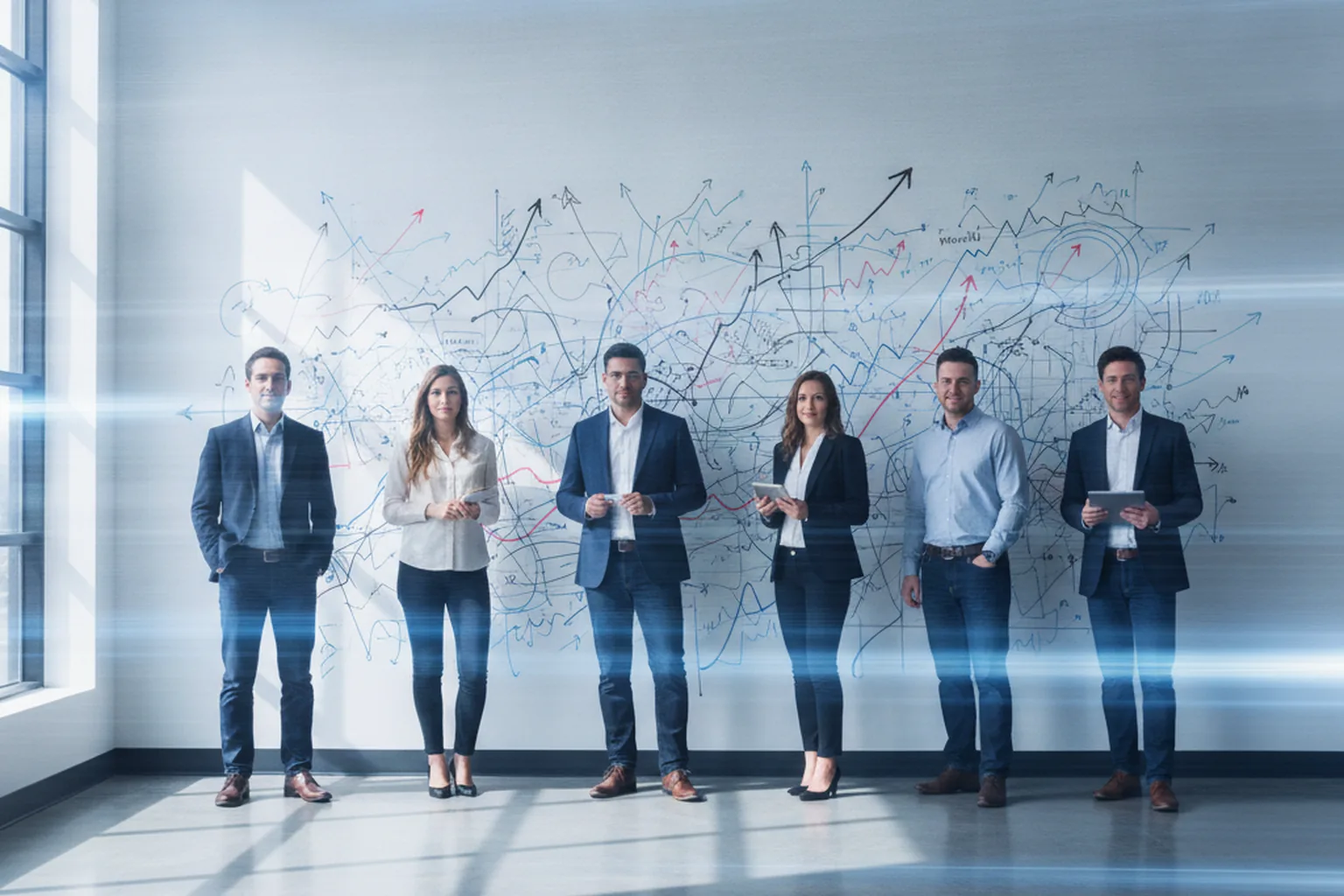Enterprise engineering team in front of a whiteboard wall of upward delivery graphs — enterprise software development speed statistics