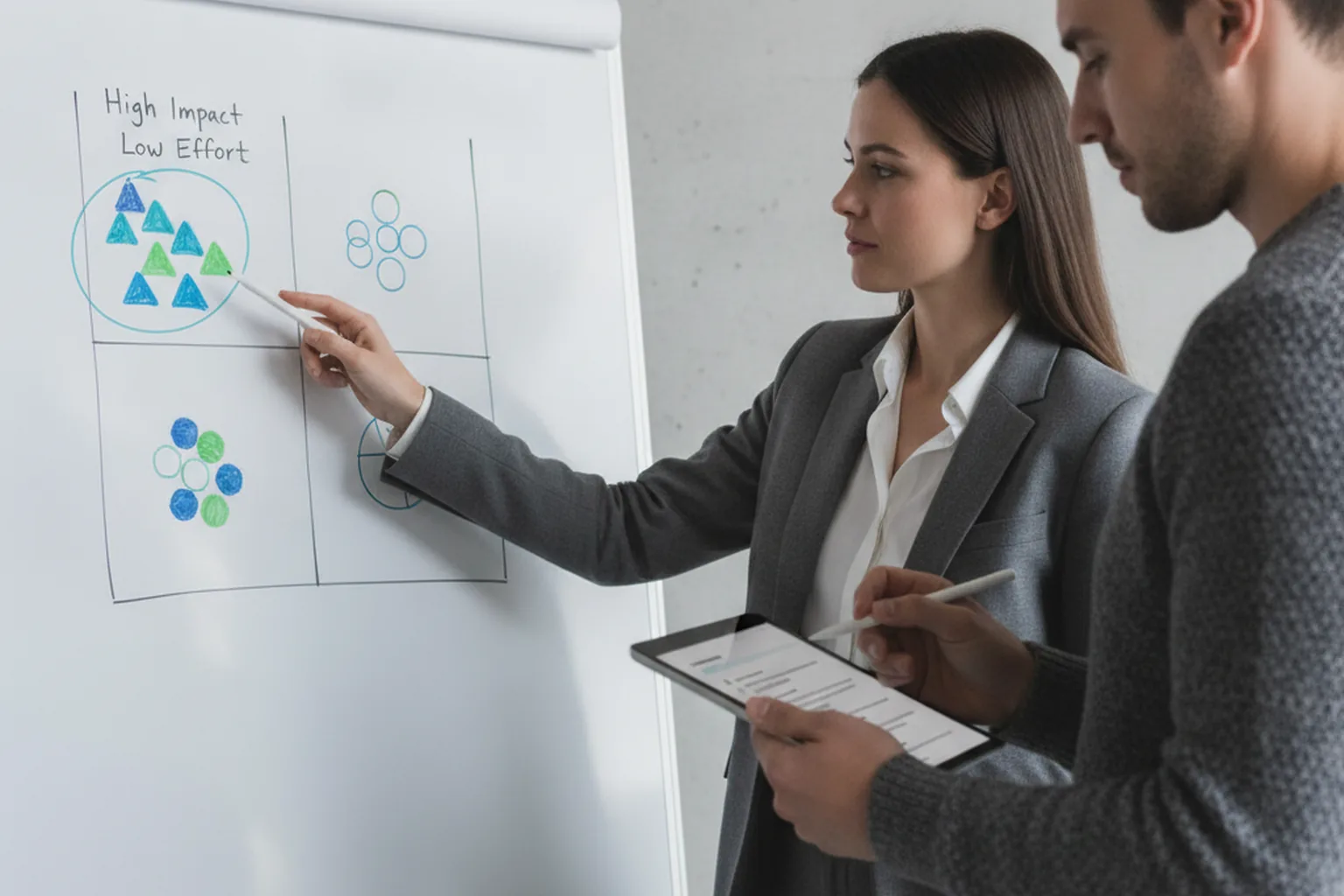 An engineering manager pointing at a high-impact, low-effort quadrant on a whiteboard prioritization matrix while a colleague reviews notes on a tablet