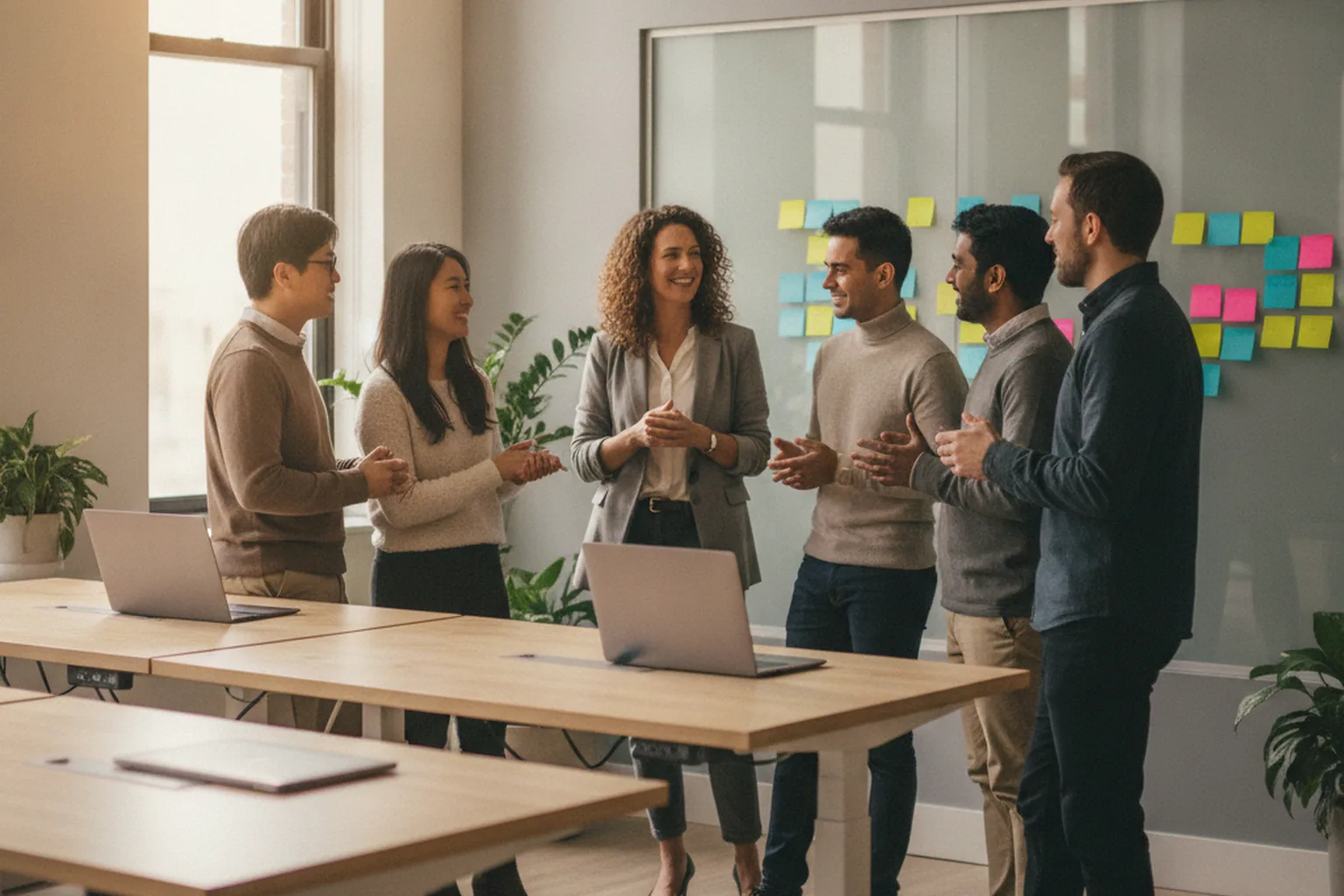 Una engineering manager guida un breve incontro di team con gli sviluppatori in ufficio