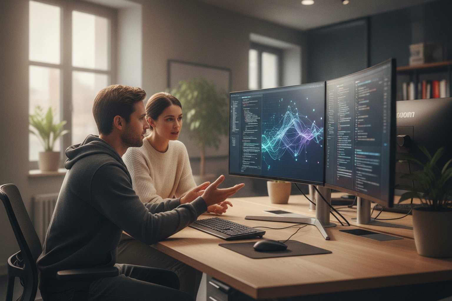 Due ingegneri software costruiscono un'applicazione di AI generativa a una postazione che mostra visualizzazioni di flussi di dati e codice