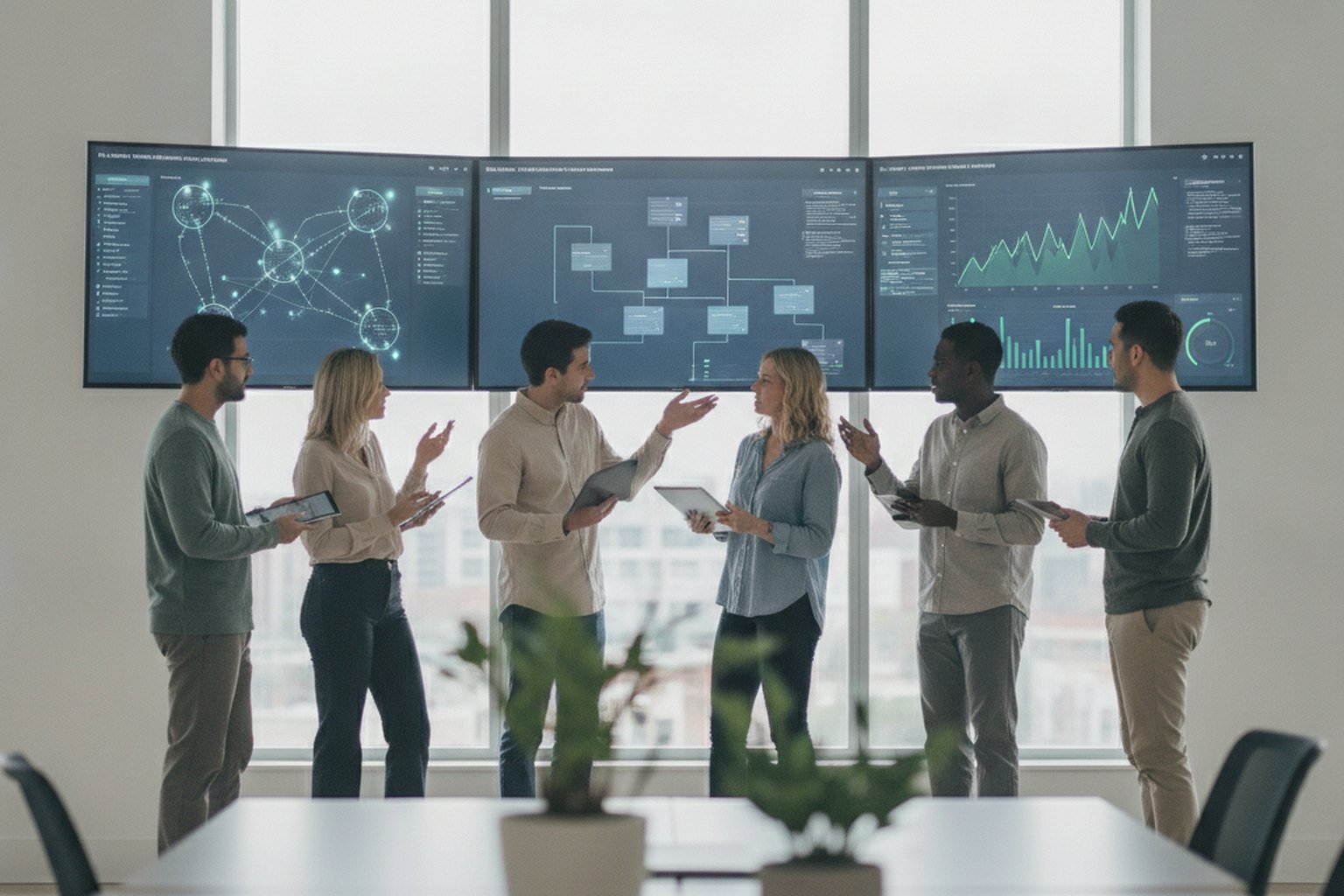 A software engineering team collaborating in front of large wall monitors that show a cloud infrastructure deployment dashboard with a service map, architecture diagram and status graphs