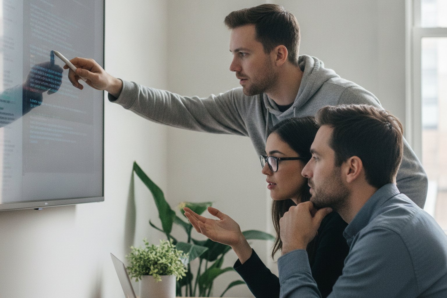 Tre ingegneri revisionano insieme il codice su uno schermo a parete, a illustrare la revisione umana delle modifiche assistite dall'IA nello sviluppo software
