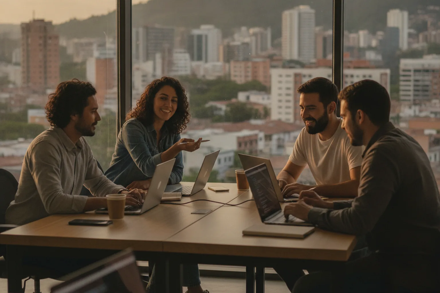 Team di ingegneria software al lavoro sui laptop in un coworking affacciato su una città latinoamericana e su colline verdi &ndash; assumere un team di sviluppo software in America Latina