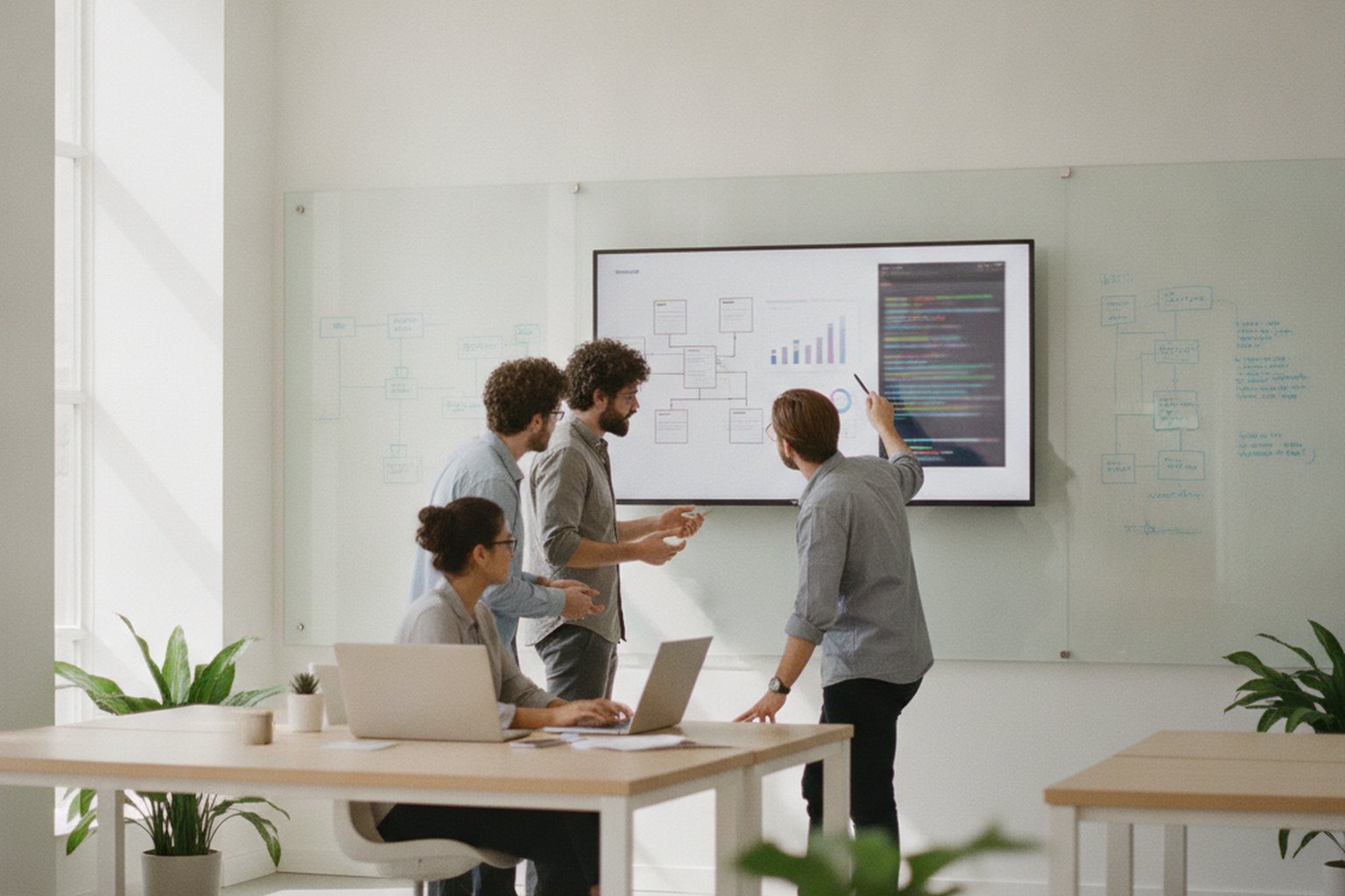 A software engineering team reviewing architecture diagrams, code and charts on a screen while running a technical feasibility test for a new software idea
