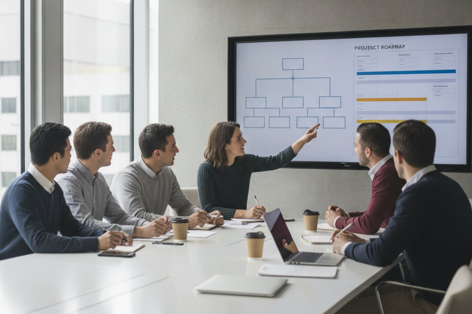 Une équipe d'ingénierie logicielle réunie autour d'une table lors d'une session de planification devant un écran mural affichant un organigramme d'équipe et un tableau de feuille de route projet