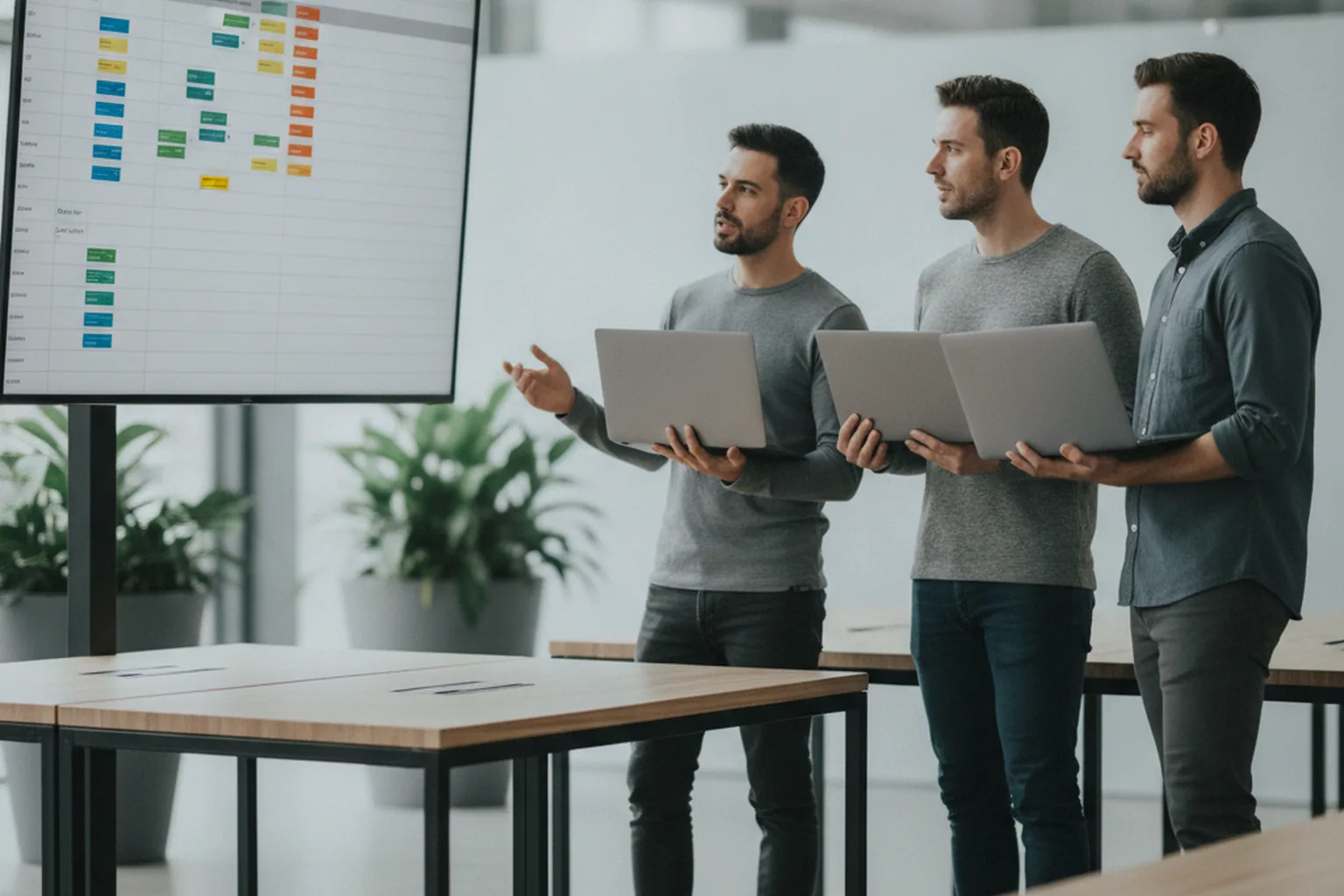 Équipe logicielle qui examine un tableau de sprint en comparant des outils de développement agile