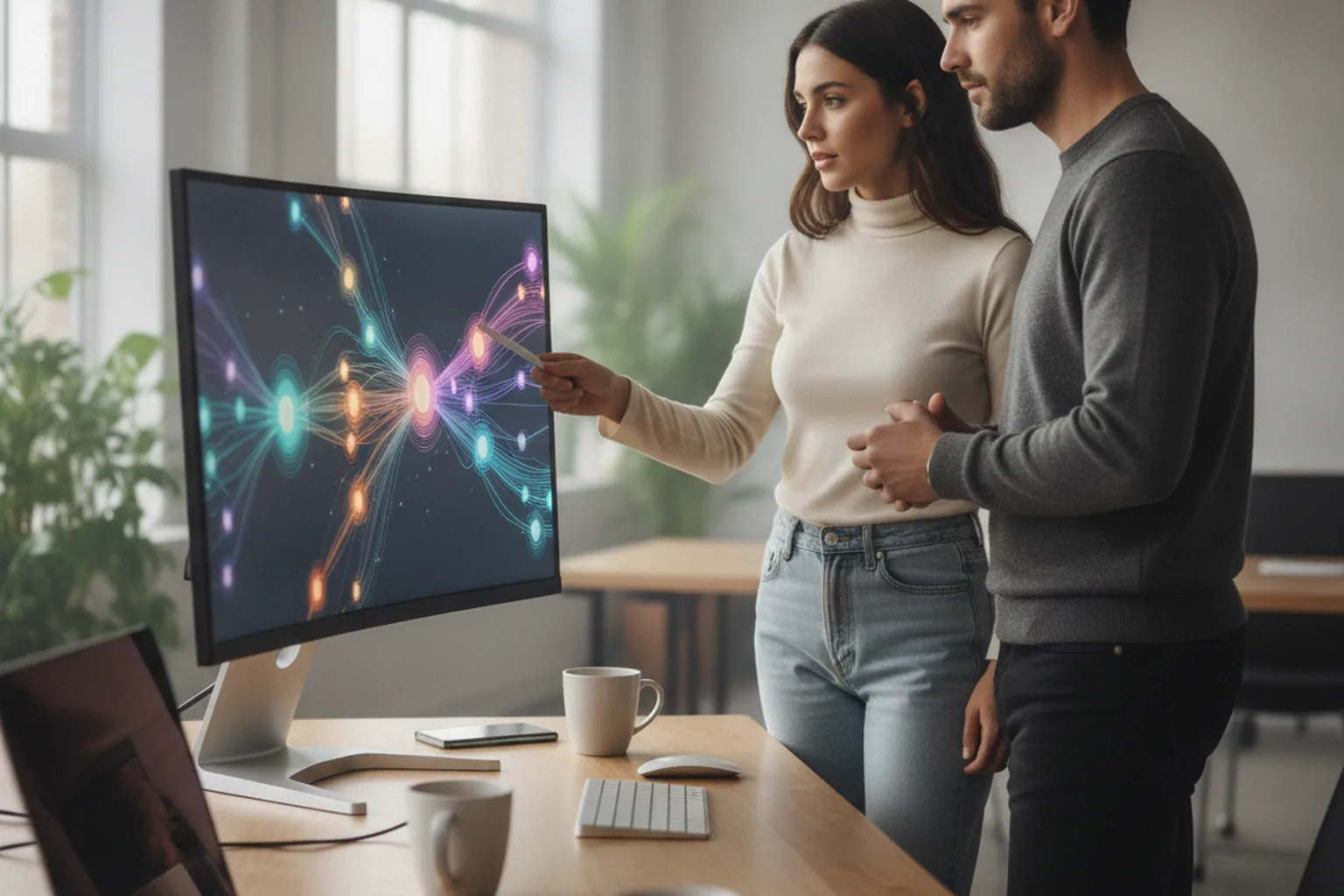 Zwei Ingenieure besprechen ein Diagramm vernetzter Services, die über APIs kommunizieren