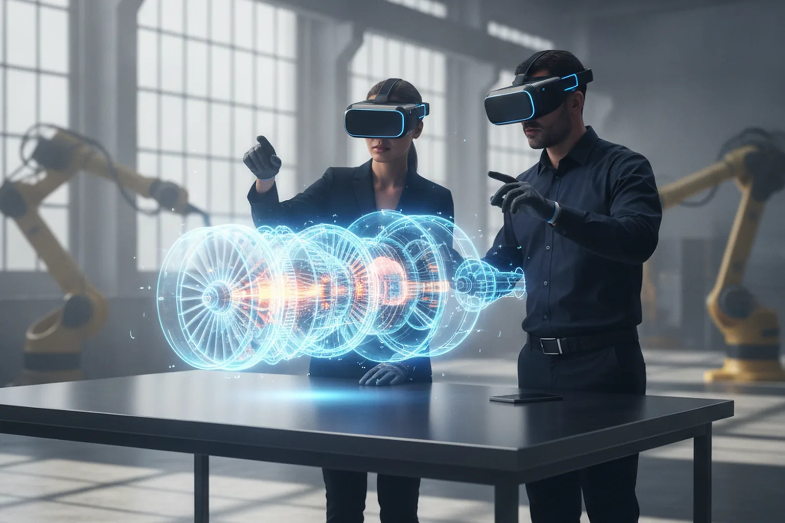 Zwei Ingenieure mit Mixed-Reality-Headsets untersuchen in einer Fabrik ein leuchtendes 3D-Hologramm eines Strahltriebwerks über einer Werkbank