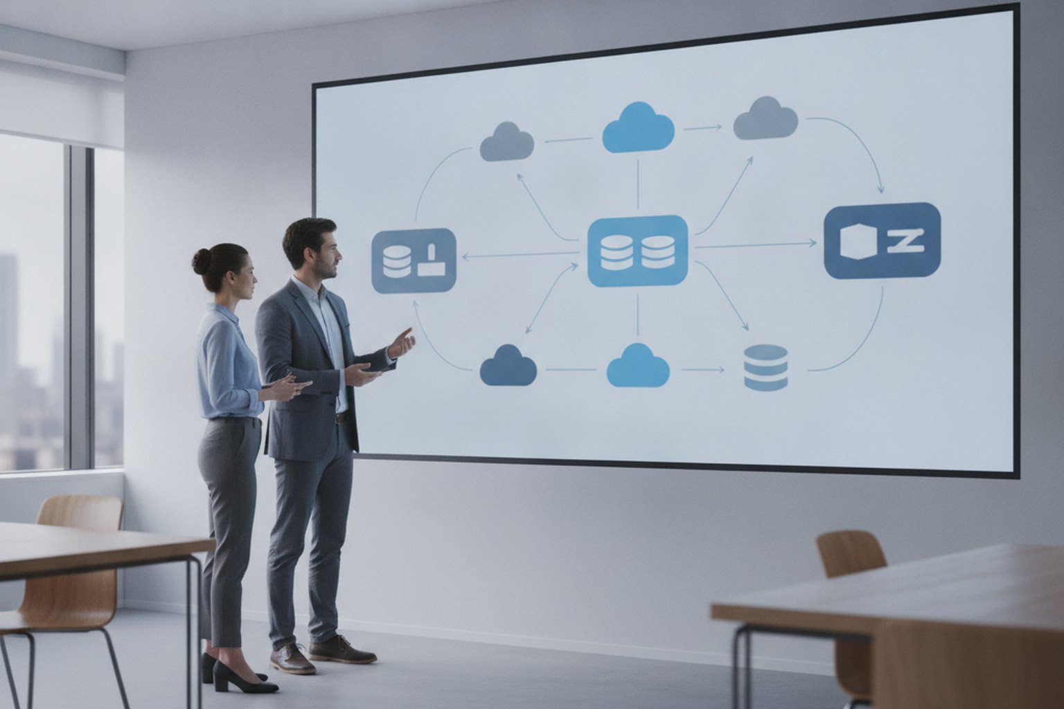 Two engineers reviewing a cloud architecture diagram on a wall screen, representing platform engineering and cloud-native design in 2026