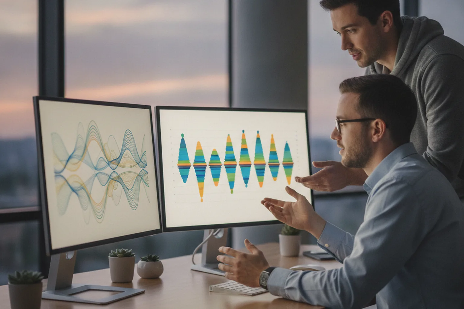 Zwei Ingenieure prüfen bei einem vierteljährlichen Workflow-Gesundheitscheck Delivery-Diagramme auf Monitoren