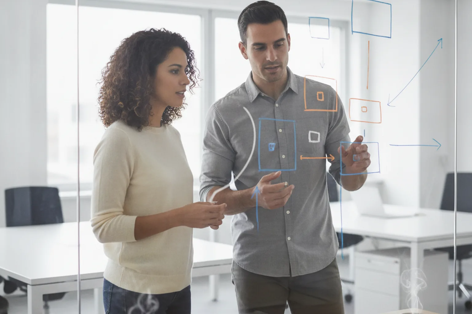 Two engineers mapping a payment transaction flow with boxes and arrows on a glass wall